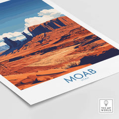 Moab Utah Poster showcasing stunning desert landscapes of Moab, Utah with vibrant colors and a modern design.