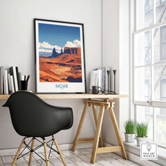 Moab Utah Poster displayed in a stylish workspace, showcasing vibrant landscapes and a sense of adventure.