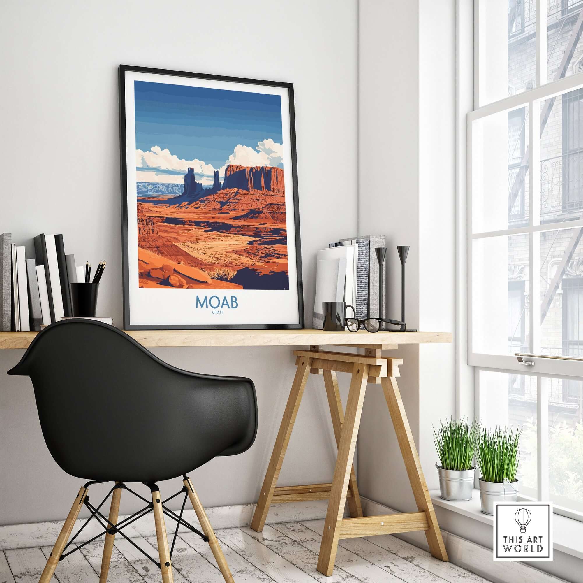 Moab Utah Poster displayed in a stylish workspace, showcasing vibrant landscapes and a sense of adventure.