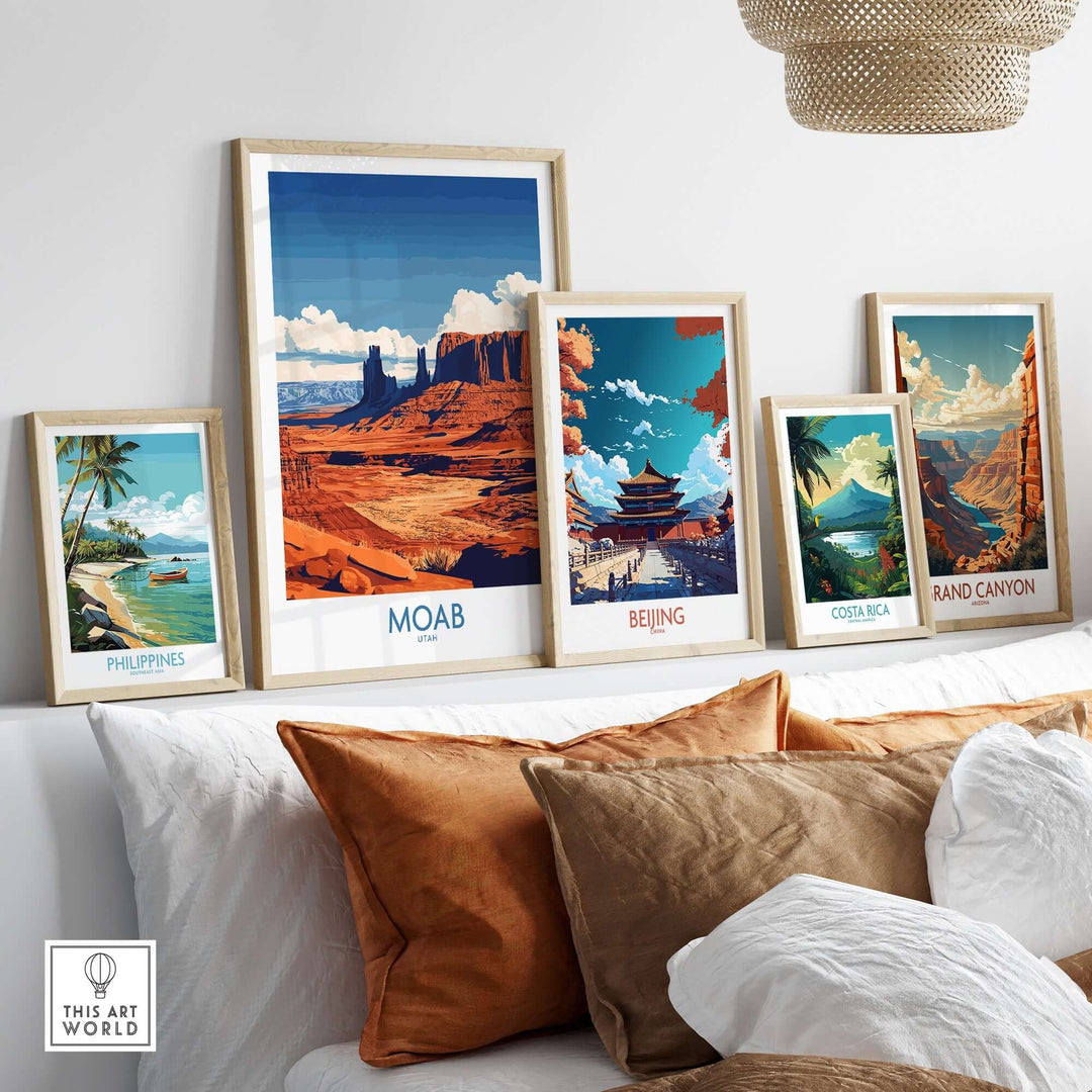 Moab Utah poster displayed among framed art from the Philippines, Beijing, Costa Rica, and Grand Canyon in a stylish living room.