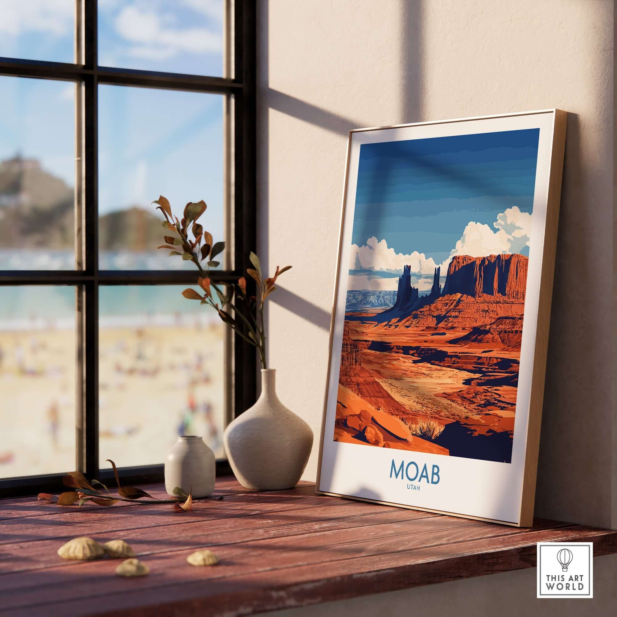 Moab Utah Poster displayed in a modern interior, capturing stunning red rock landscapes and vibrant colors.
