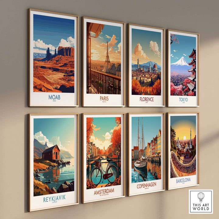 Collection of travel posters including Moab, Paris, Florence, Tokyo, Reykjavik, Amsterdam, Copenhagen, and Barcelona.