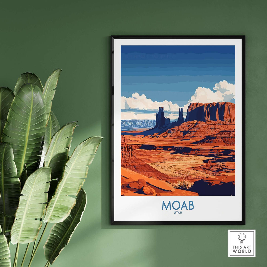 Moab Utah poster showcasing vibrant landscapes and dramatic rock formations, perfect for home decor inspiration.