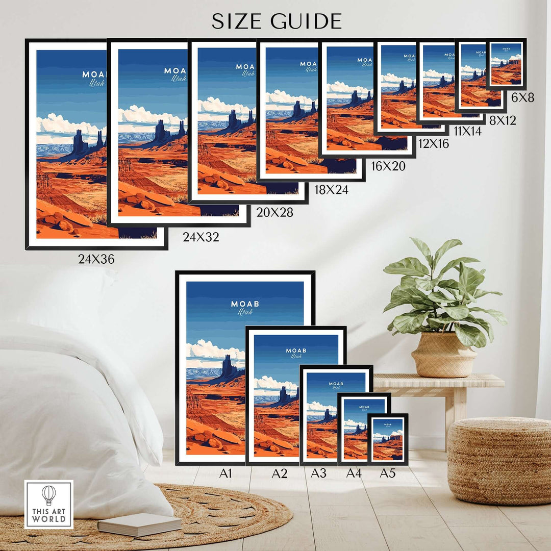 Size guide for Moab Utah wall art prints displayed in various sizes on a modern interior setting.