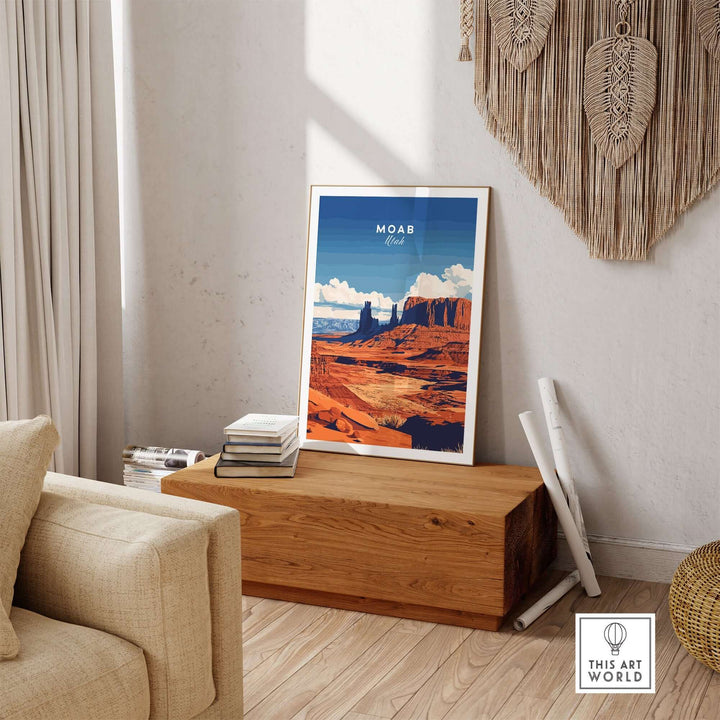 Moab Utah wall art showcased in a cozy living room, featuring vibrant colors and scenic landscape. Perfect for nature lovers.