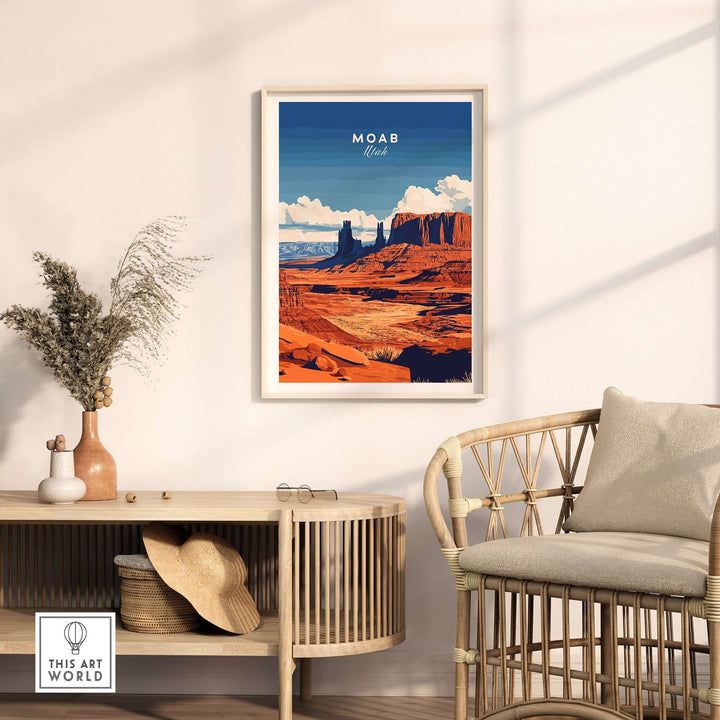 Moab Utah wall art featuring vibrant colors and stunning landscapes displayed in a cozy home setting.