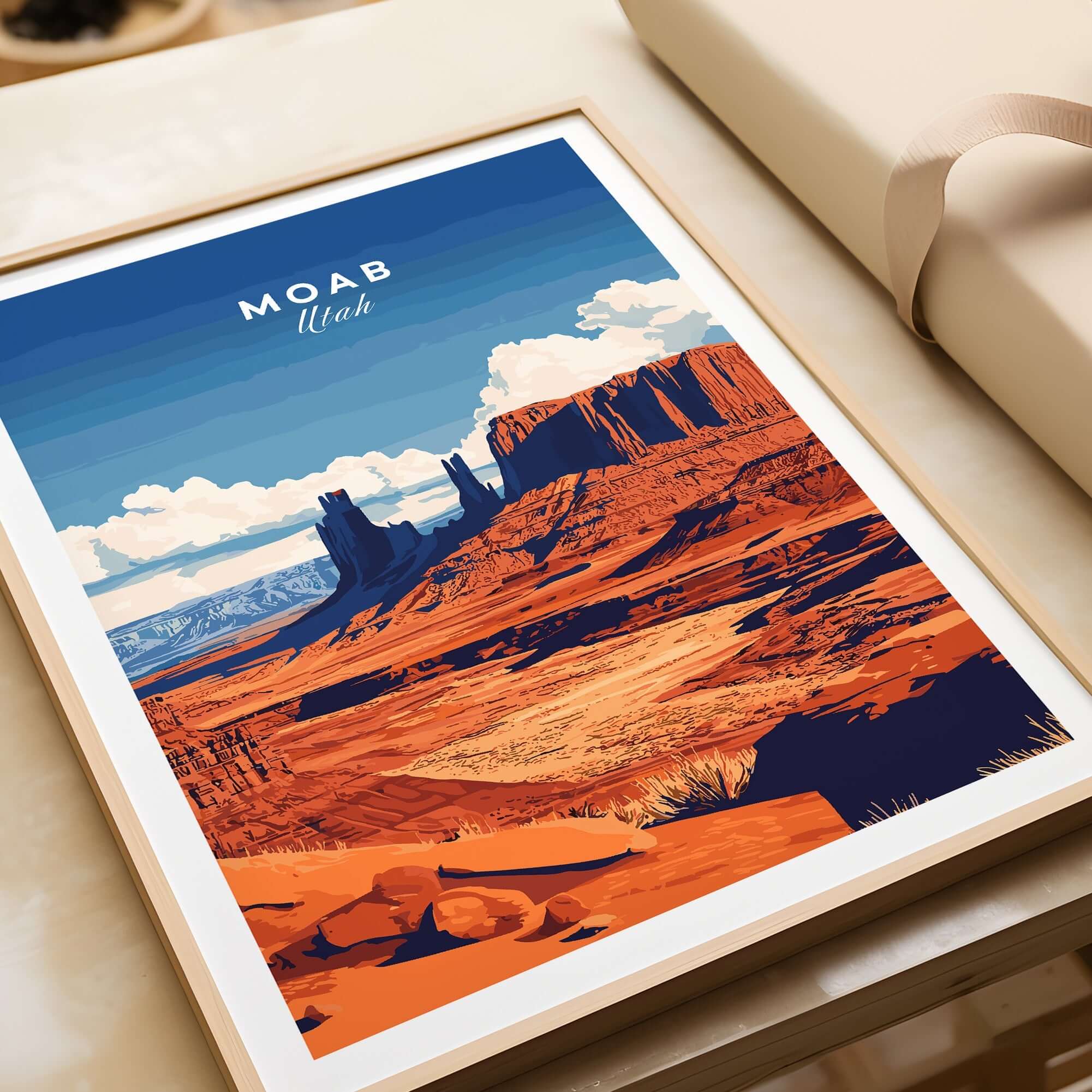 Moab Utah Wall Art featuring vibrant desert landscape with blue sky and red rock formations.