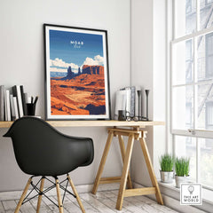 Moab Utah Wall Art featuring vibrant desert landscape and modern decor in a stylish home office setting.