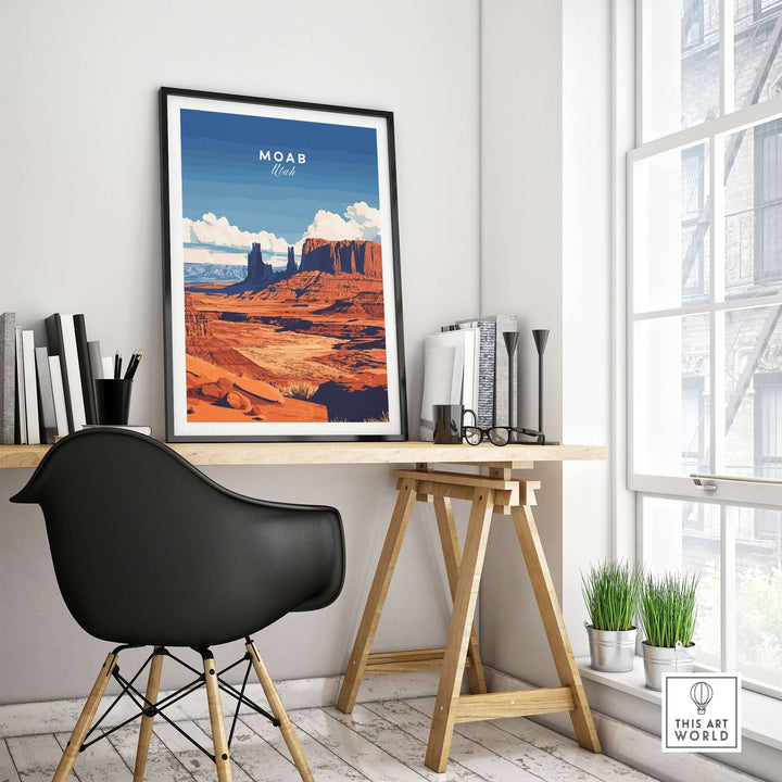 Moab Utah wall art displayed in a modern workspace with a black chair and natural light. Perfect for nature lovers and travel enthusiasts.