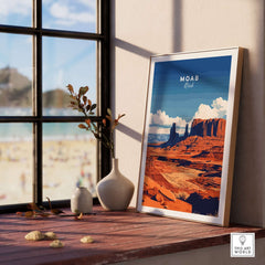 Moab Utah Wall Art framed on a windowsill, showcasing vibrant desert landscape and rich colors.
