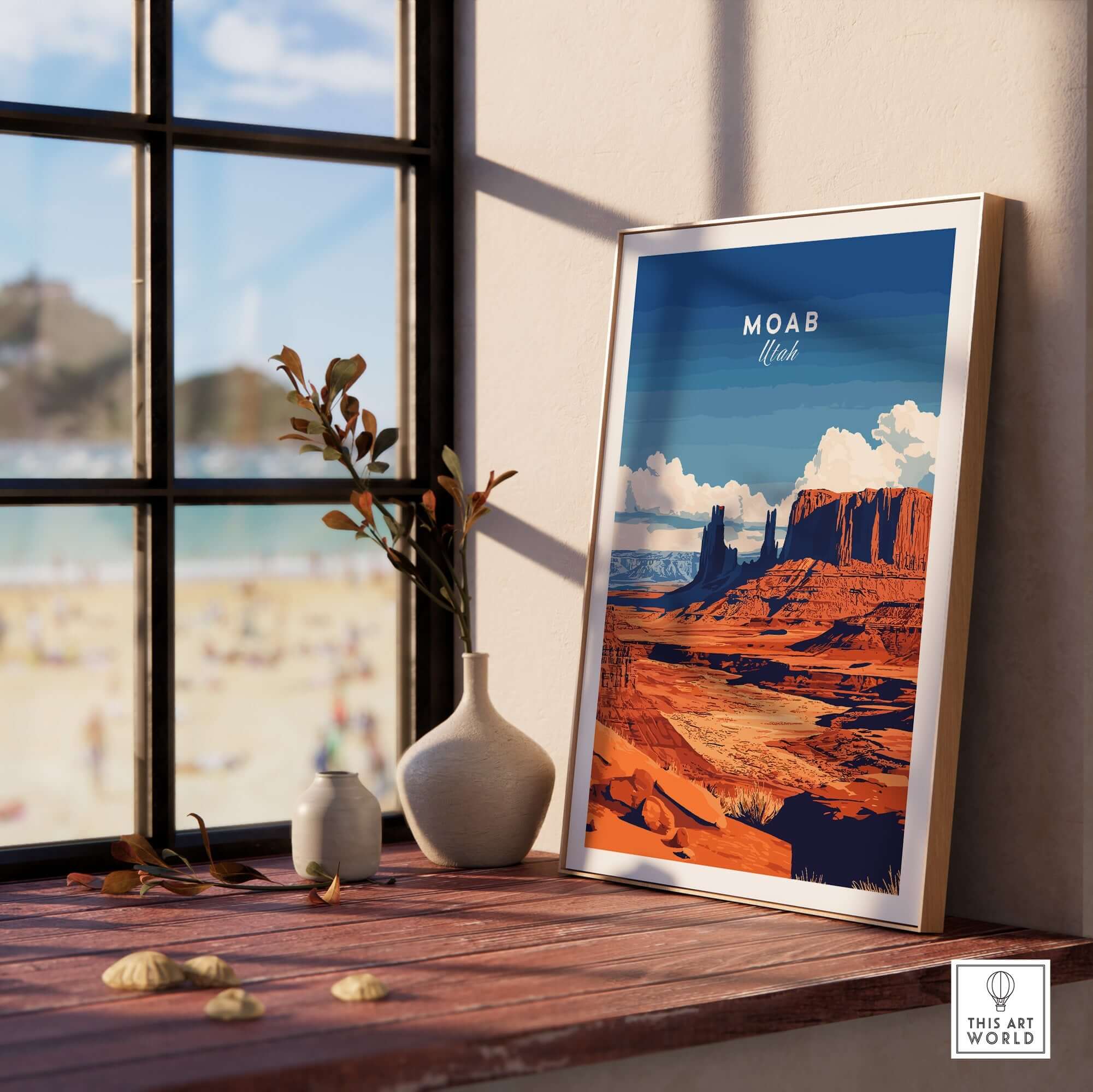 Moab Utah Wall Art framed on a windowsill, showcasing vibrant desert landscape and rich colors.