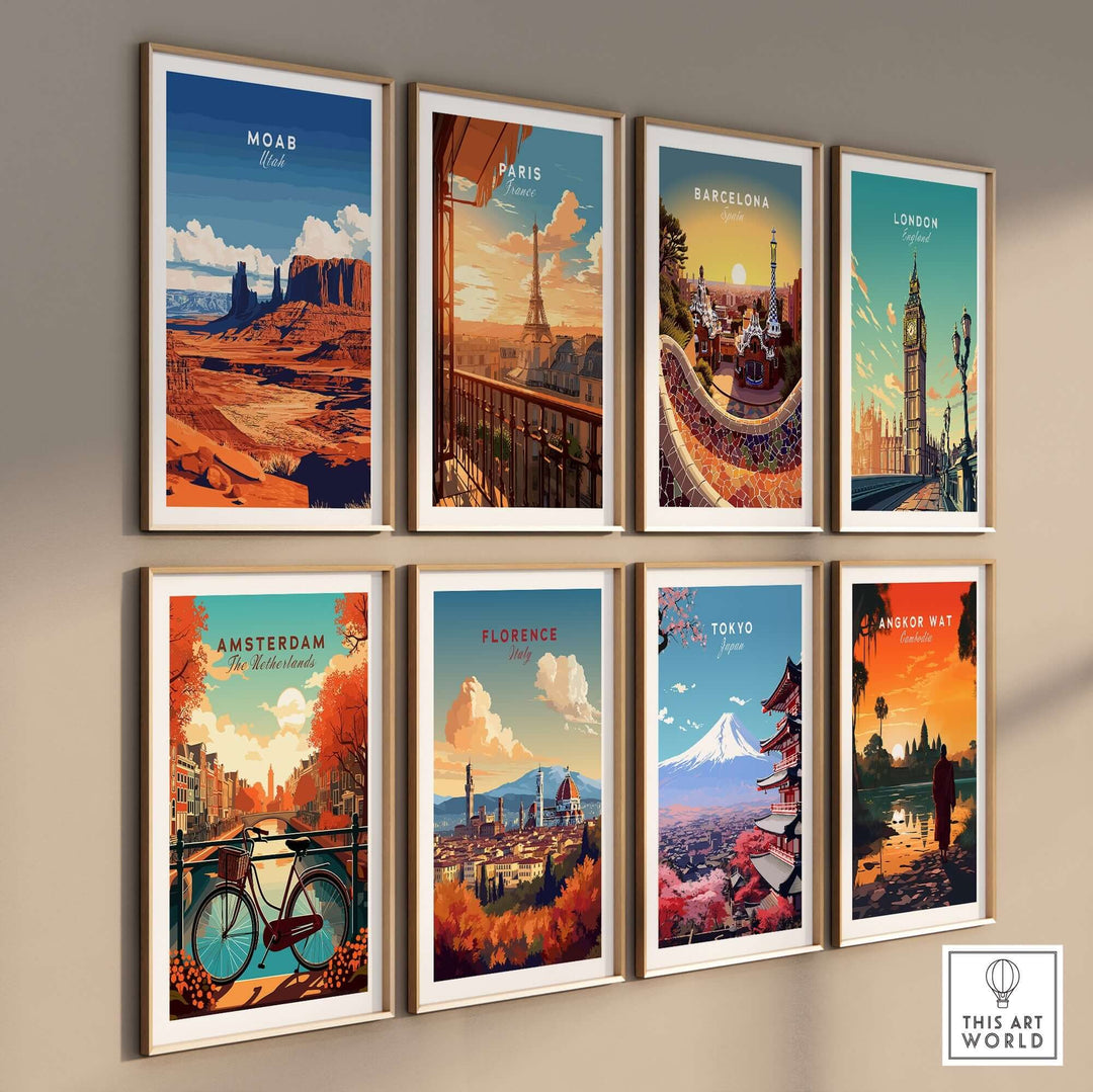 Moab Utah wall art alongside other city-themed artwork, showcasing vibrant colors and intricate designs in a modern display.