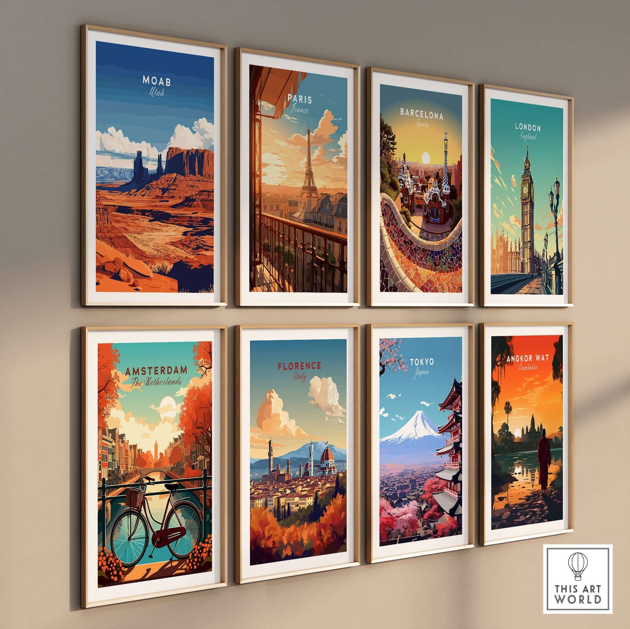 Moab Utah Wall Art featuring vibrant posters of famous cities including Paris, Barcelona, and more.