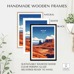 Moab Utah Wall Art displayed in handmade wooden frames of natural, white, and black colors, showcasing vibrant desert scenery.