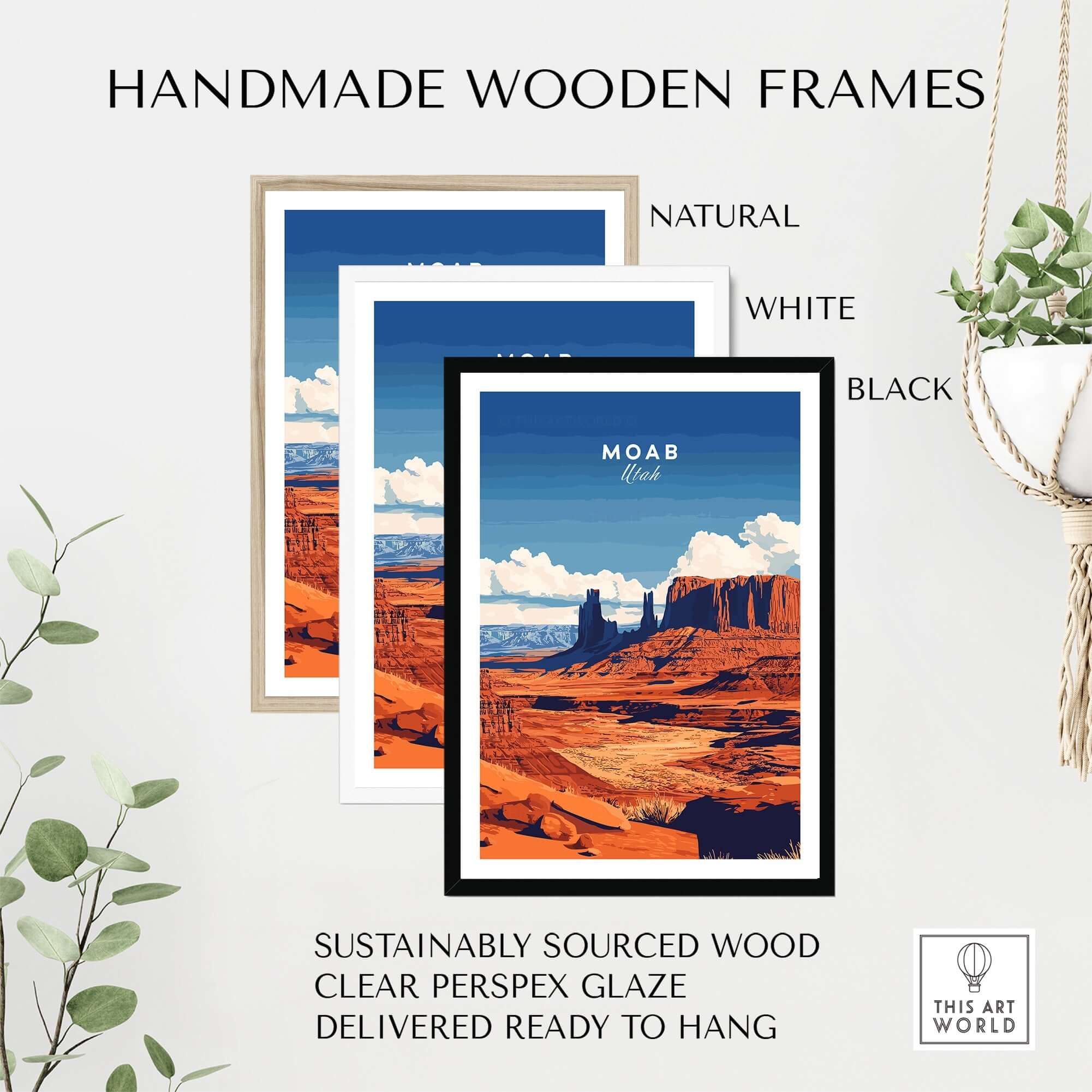 Moab Utah Wall Art displayed in handmade wooden frames of natural, white, and black colors, showcasing vibrant desert scenery.