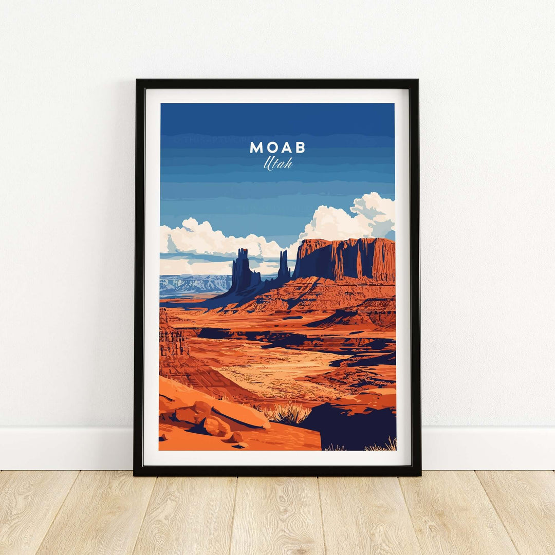 Framed Moab Utah wall art showcasing vibrant colors of the desert landscape and iconic rock formations. Perfect for home decor.