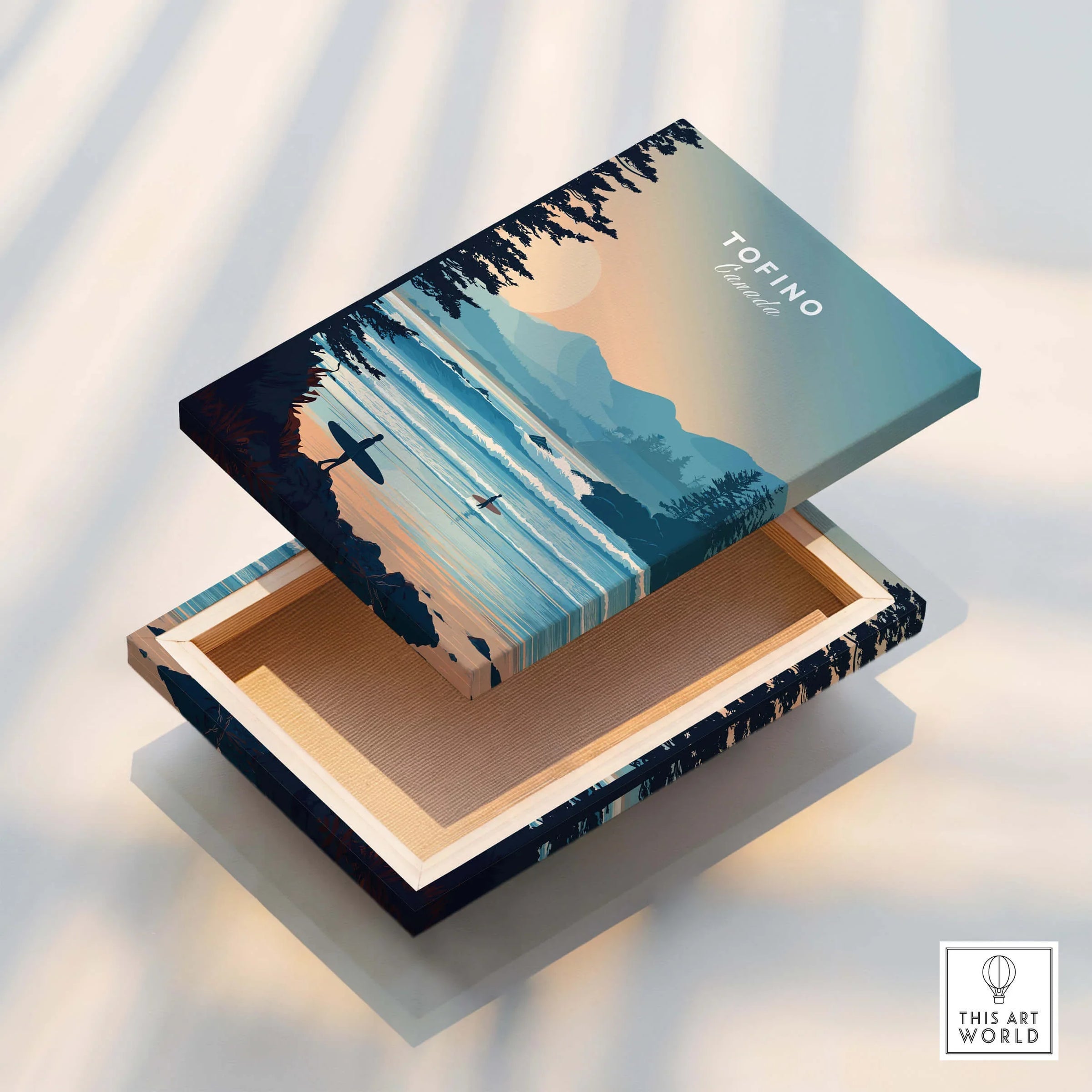 Tofino landscape art print on a floating canvas, featuring surfers and ocean waves in pastel hues.