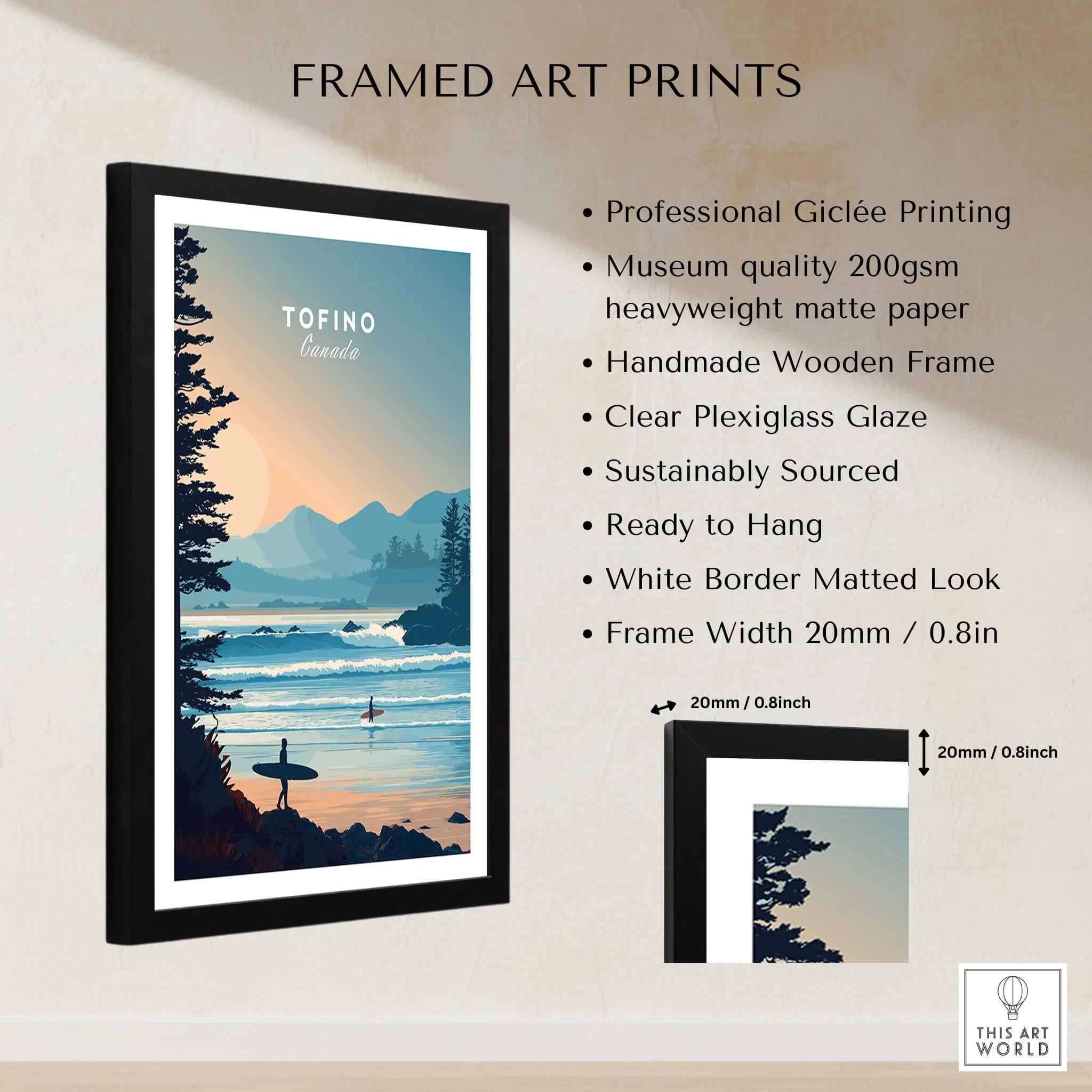 Tofino Canada framed art print with surfer and ocean waves, black wood frame, and product details.