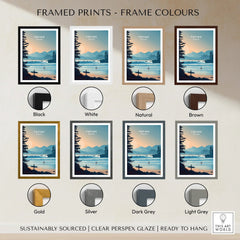 Tofino travel poster print with ocean sunset and mountains, shown in eight frame color options: black, white, natural, brown, gold, silver, dark grey, and light grey.