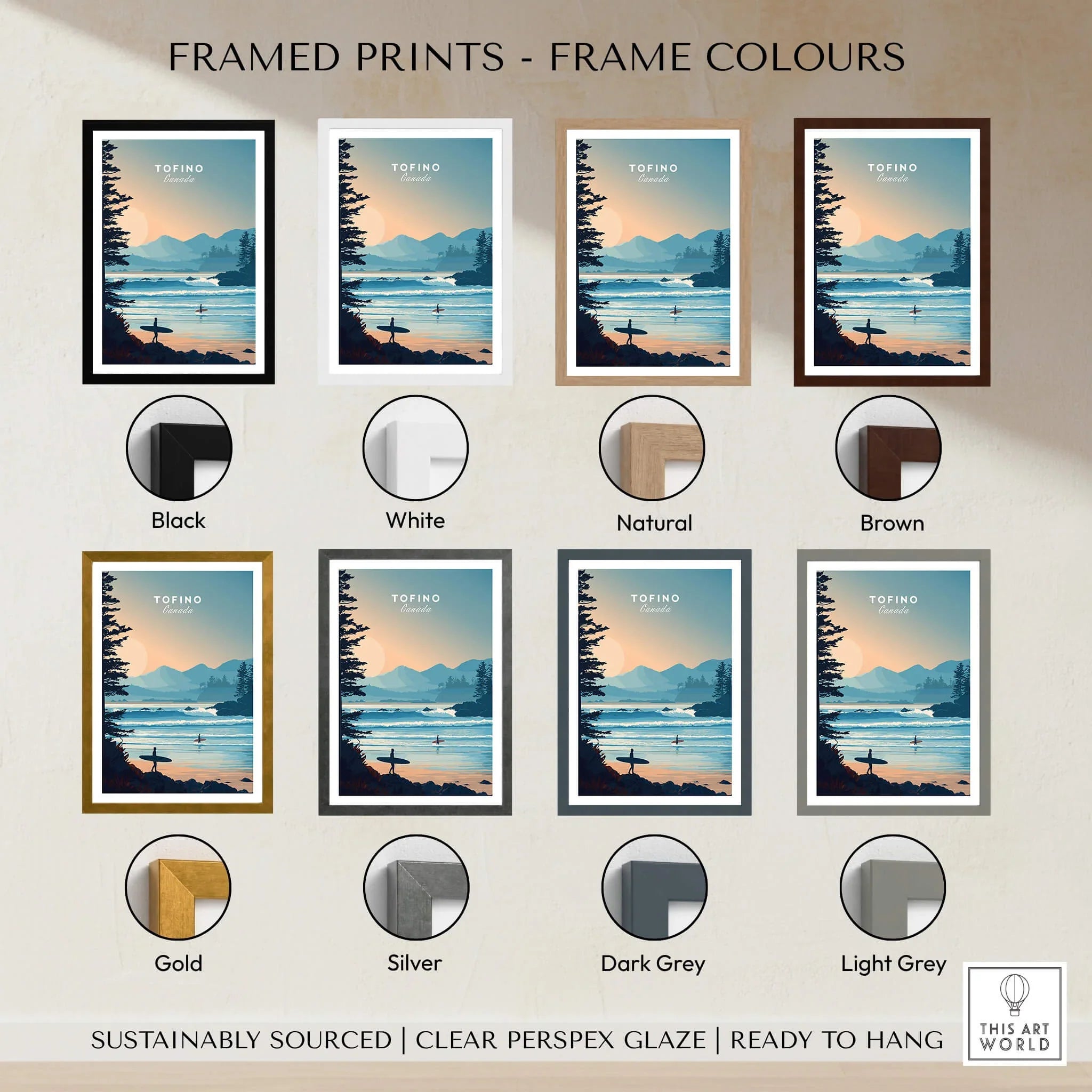 Tofino travel poster print with ocean sunset and mountains, shown in eight frame color options: black, white, natural, brown, gold, silver, dark grey, and light grey.