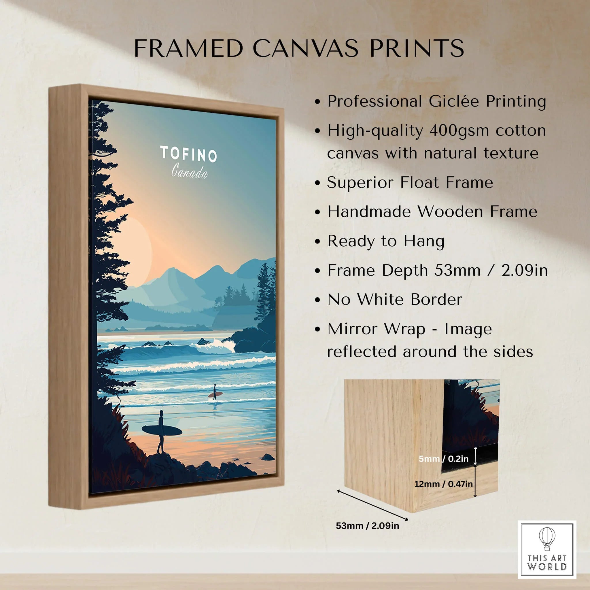 Framed canvas wall art of Tofino beach with surfers, sunset, and mountains, float frame details shown.