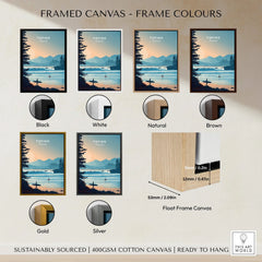 Tofino landscape wall art with surfer in various frame colors, float frame canvas options.