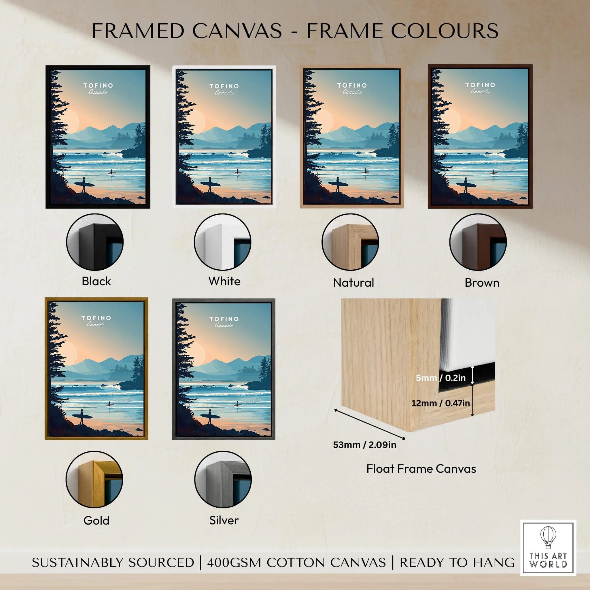 Tofino landscape wall art with surfer in various frame colors, float frame canvas options.