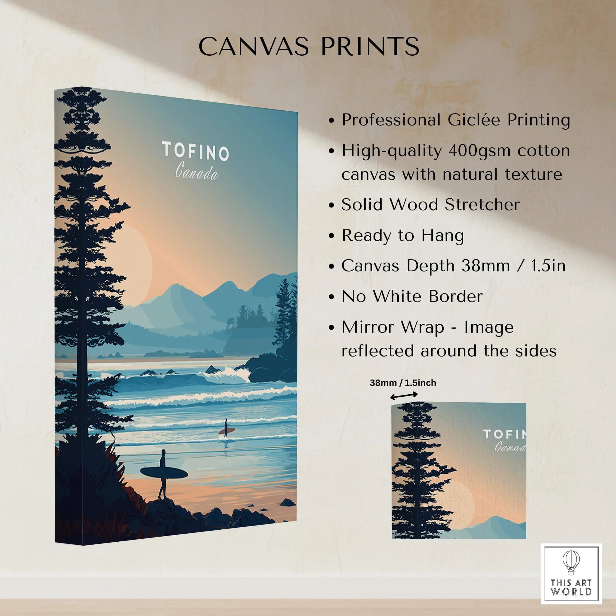 Tofino Canada canvas print featuring a coastal mountain landscape with surfers and sunset.