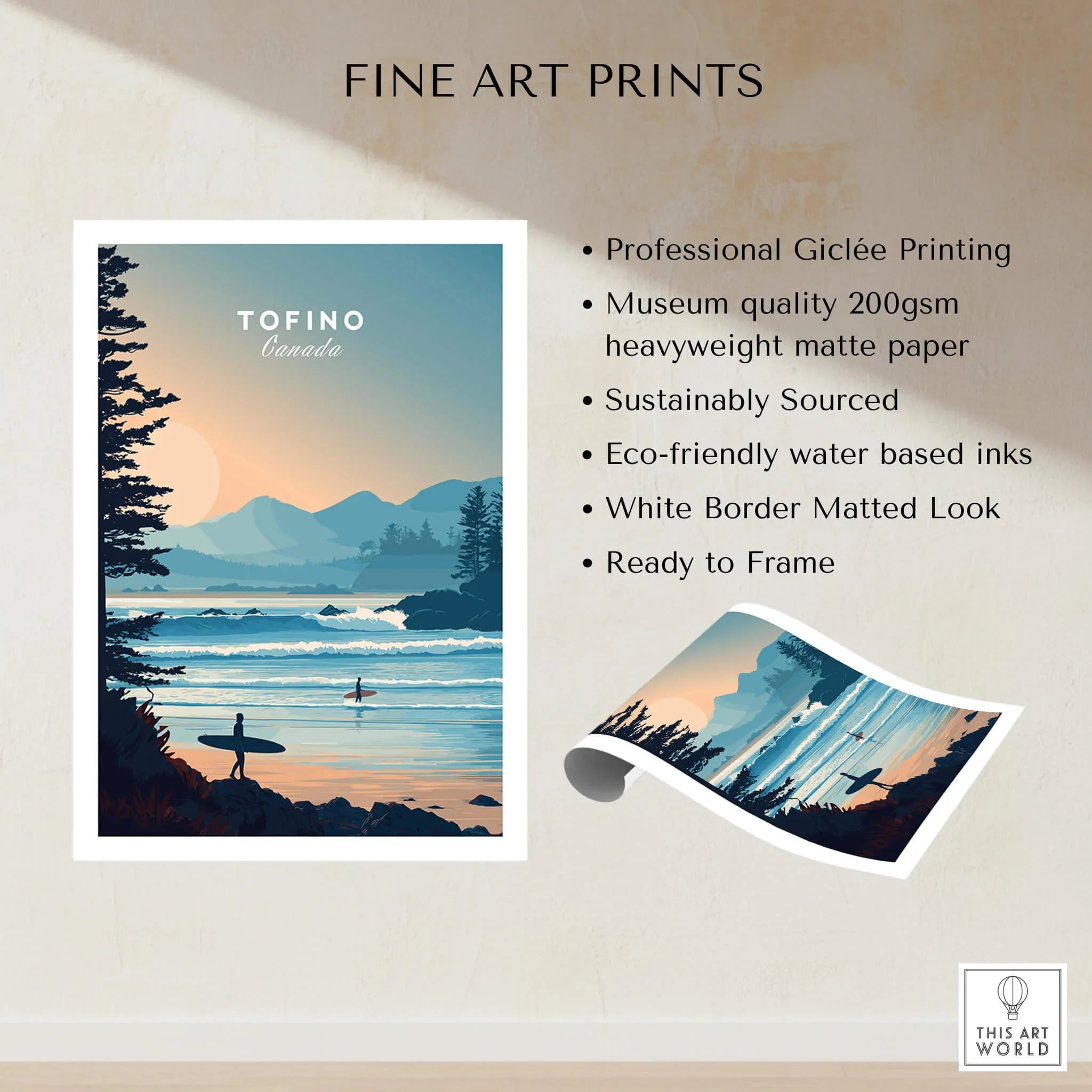 Tofino Canada fine art print with surfers, coastal landscape, sunrise, unframed wall art