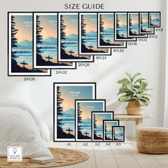 Tofino Canada travel poster size guide with surfer silhouette, ocean waves, and sunset.