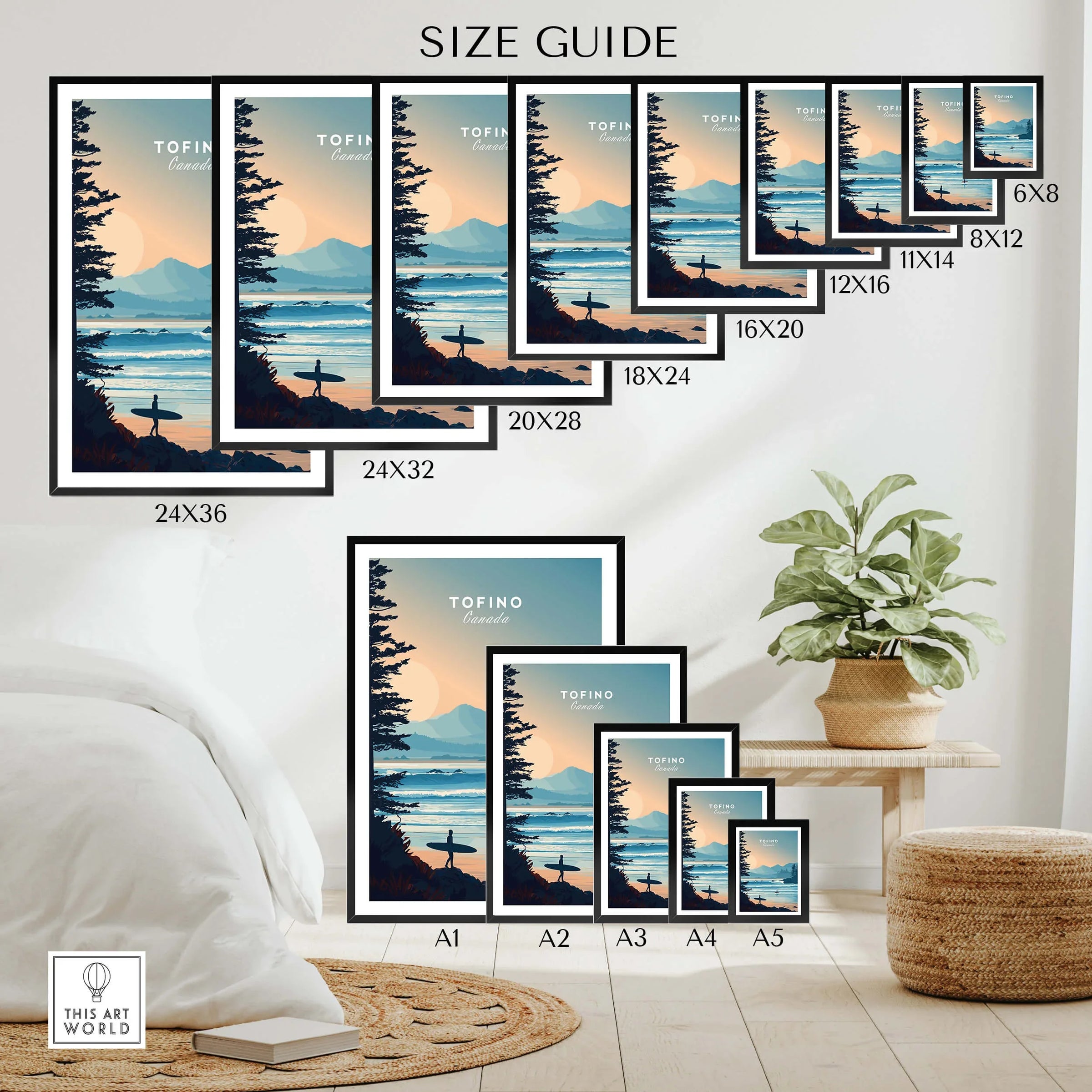 Tofino Canada travel poster size guide with surfer silhouette, ocean waves, and sunset.