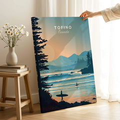 Tofino Canada canvas wall art with surfers and coastal landscape in home decor setting