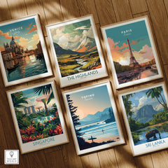 Set of six framed travel posters featuring Venice, Paris, Highlands, Singapore, Tofino, and Sri Lanka on wooden floor.
