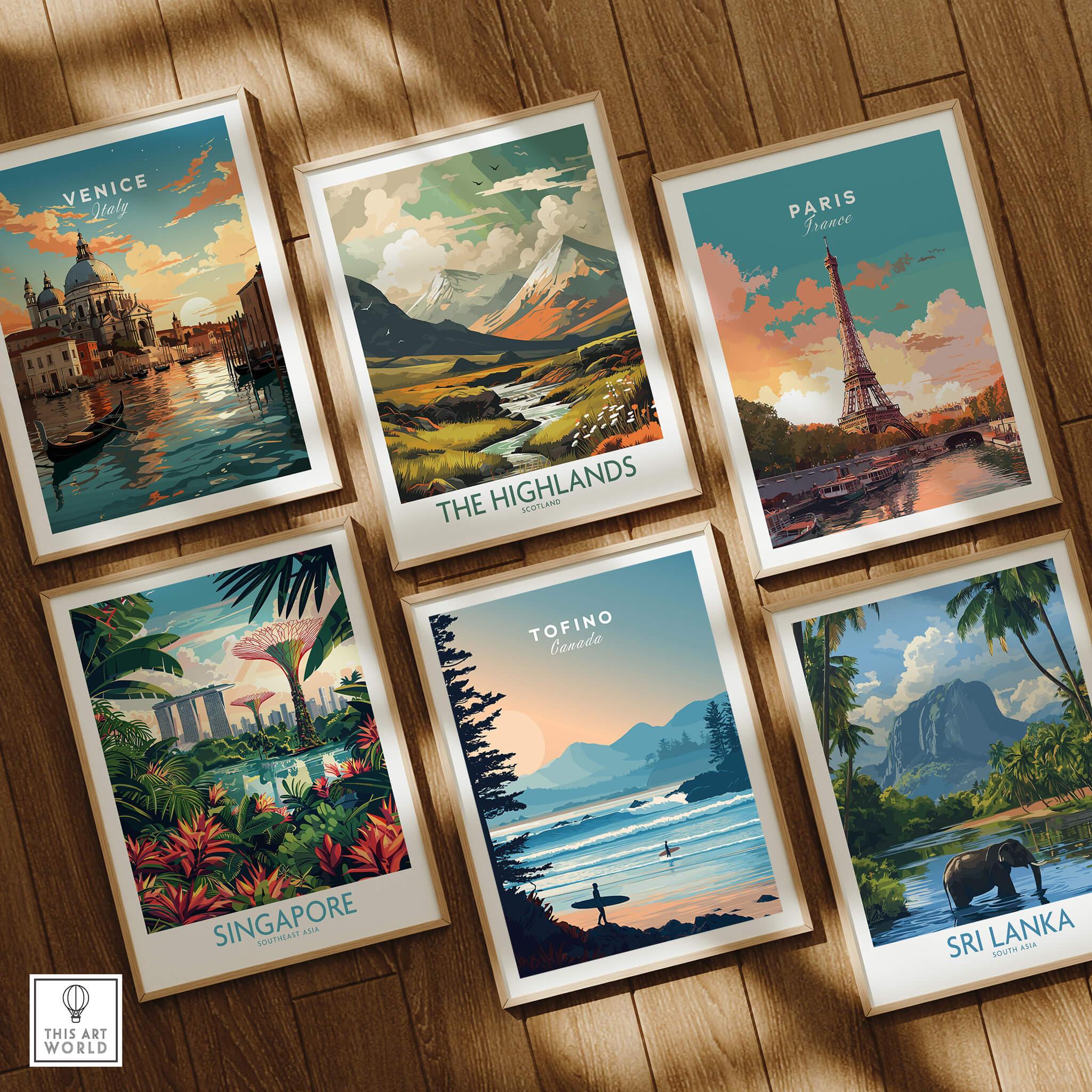 Set of six framed travel posters featuring Venice, Paris, Highlands, Singapore, Tofino, and Sri Lanka on wooden floor.