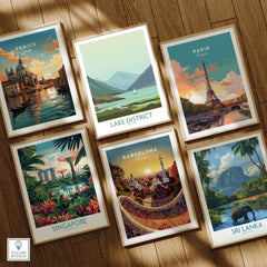 Framed travel posters of Venice, Paris, Barcelona, Singapore, Sri Lanka & Lake District for wall art decor