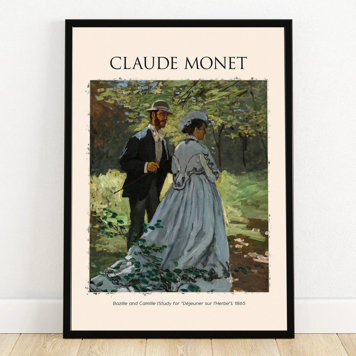 Claude Monet art print with a man and woman in vintage attire walking in a sunlit forest.