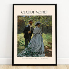 Claude Monet art print with a man and woman in vintage attire walking in a sunlit forest.