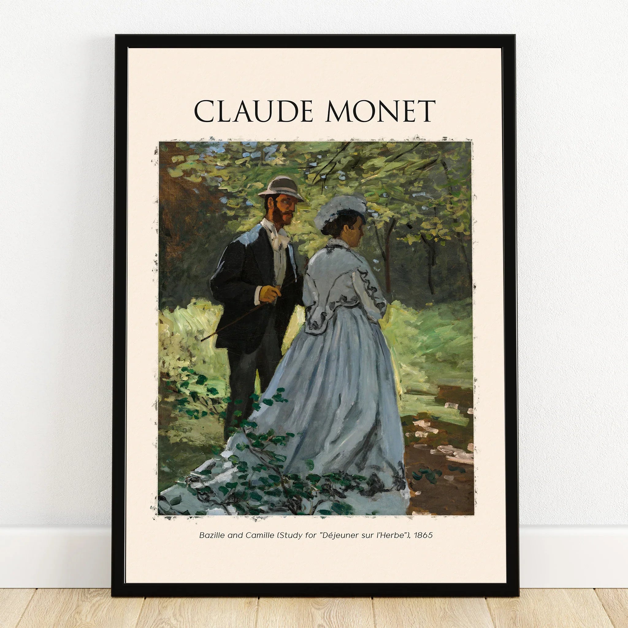 Claude Monet art print with a man and woman in vintage attire walking in a sunlit forest.