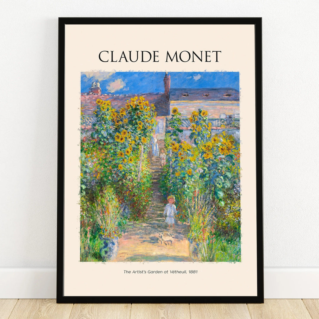 Framed Claude Monet art print of a garden with sunflowers, featuring children on steps.