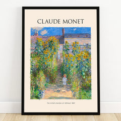 Framed Claude Monet art print of a garden with sunflowers, featuring children on steps.