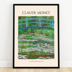 Claude Monet art poster of The Japanese Footbridge, with water lilies, in a black frame