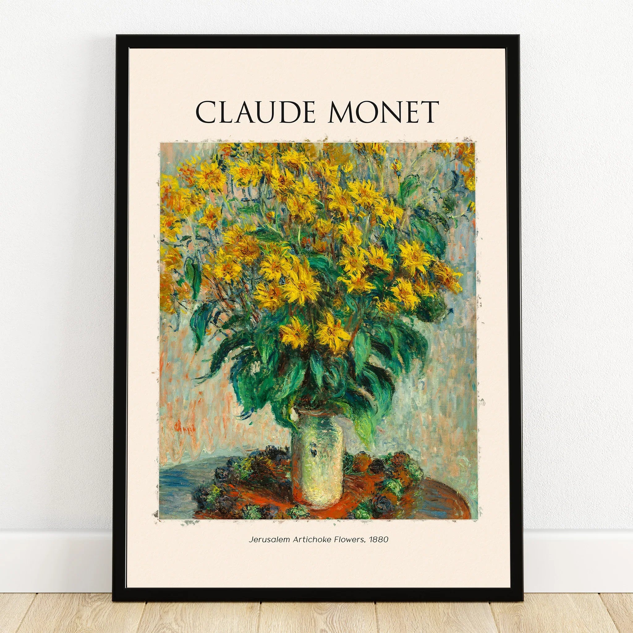 Claude Monet wall art print with yellow Jerusalem artichoke flowers painting in black frame