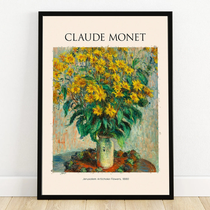 Claude Monet wall art print with yellow Jerusalem artichoke flowers painting in black frame