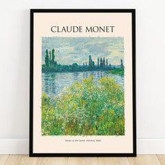 Claude Monet Banks of the Seine poster with black frame, impressionist landscape wall art