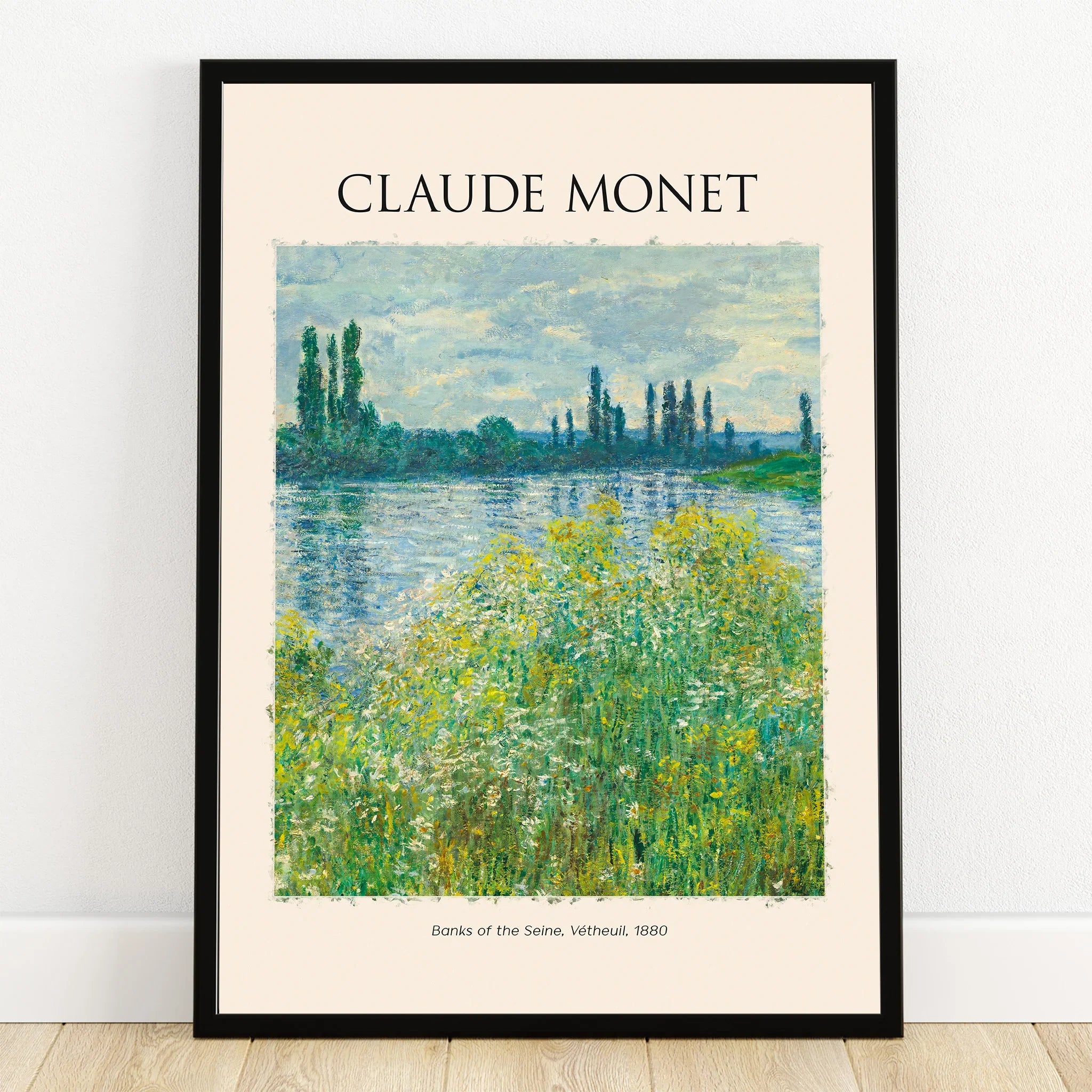 Claude Monet Banks of the Seine poster with black frame, impressionist landscape wall art