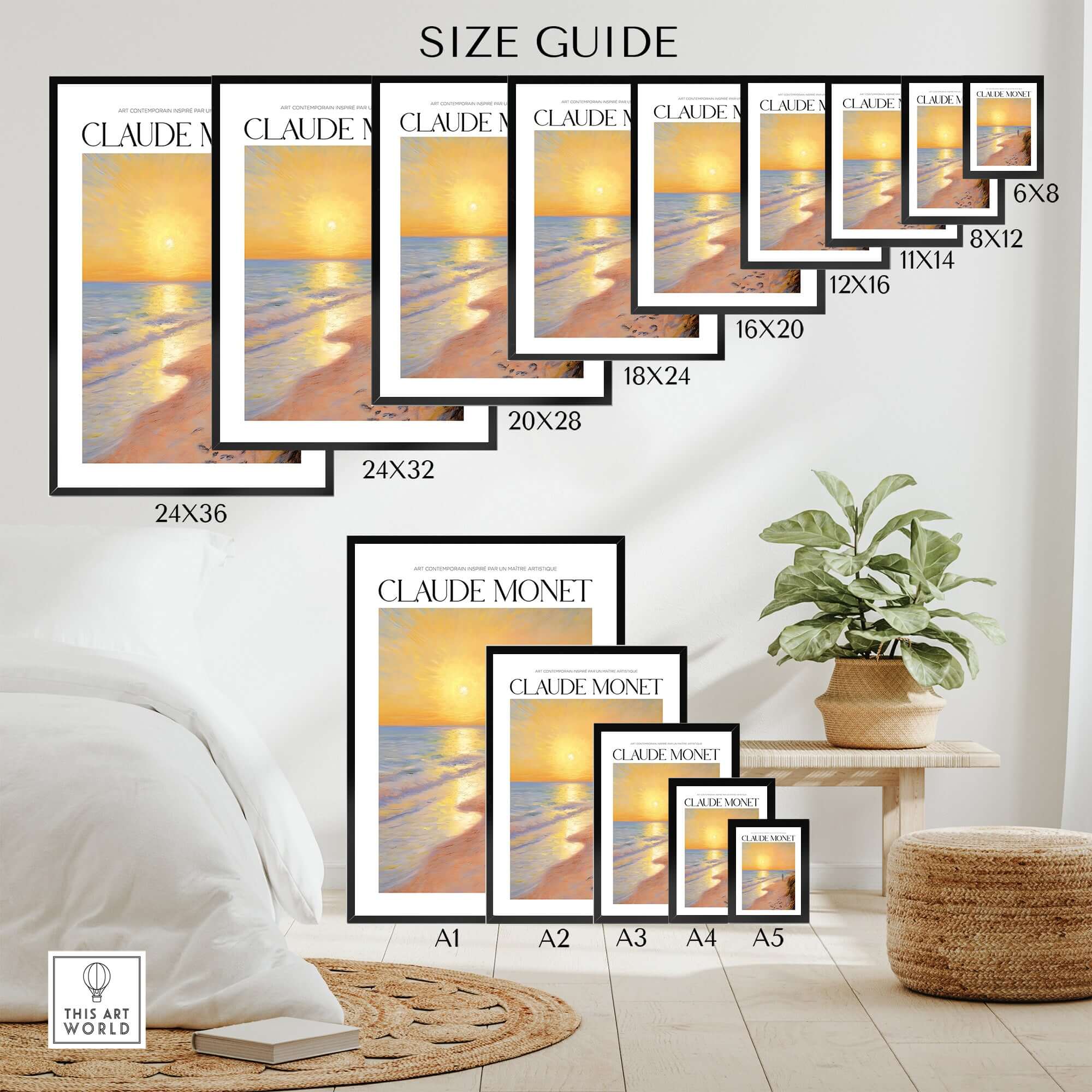 Monet Beach Artwork - Impressionist Room Decor - Coastal Sunset Stroll Beach Wall Art size guide with framed prints and plant.