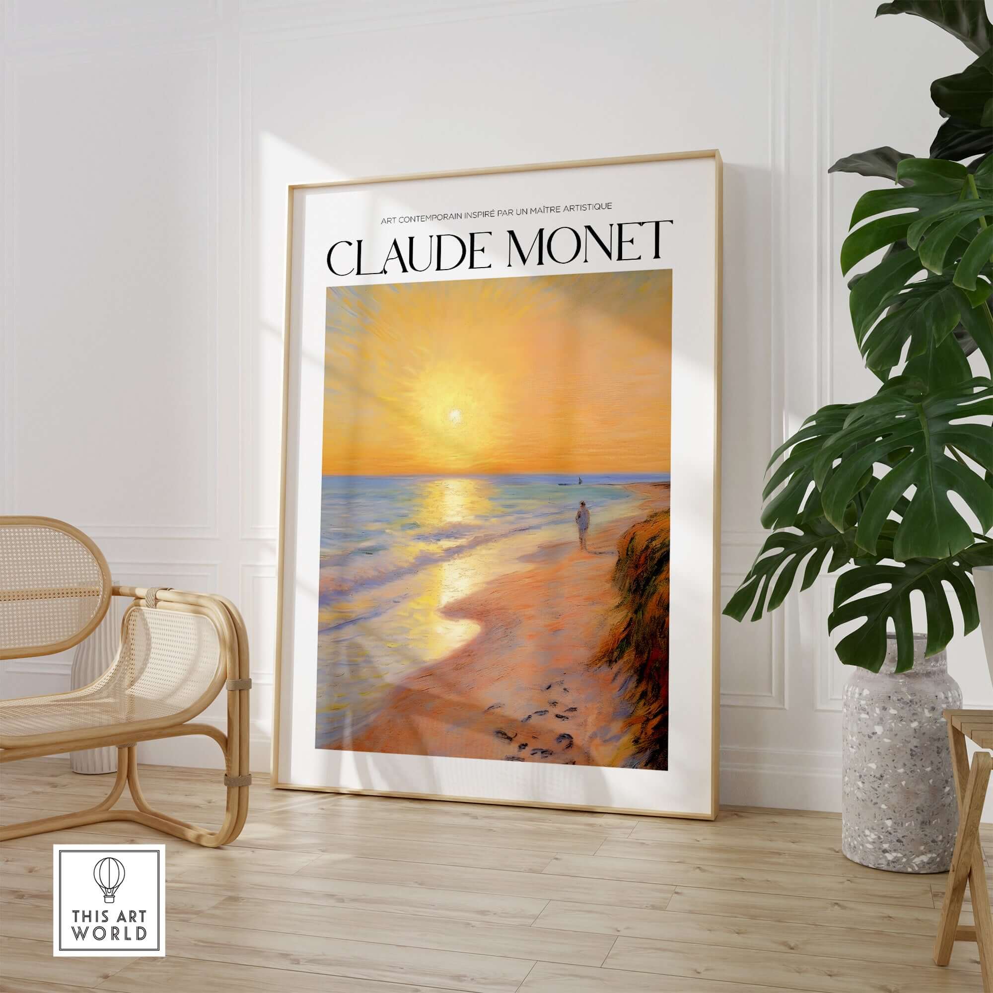 Monet Beach Artwork - Impressionist Room Decor - Coastal Sunset Stroll Beach Wall Art framed in a modern interior setting.