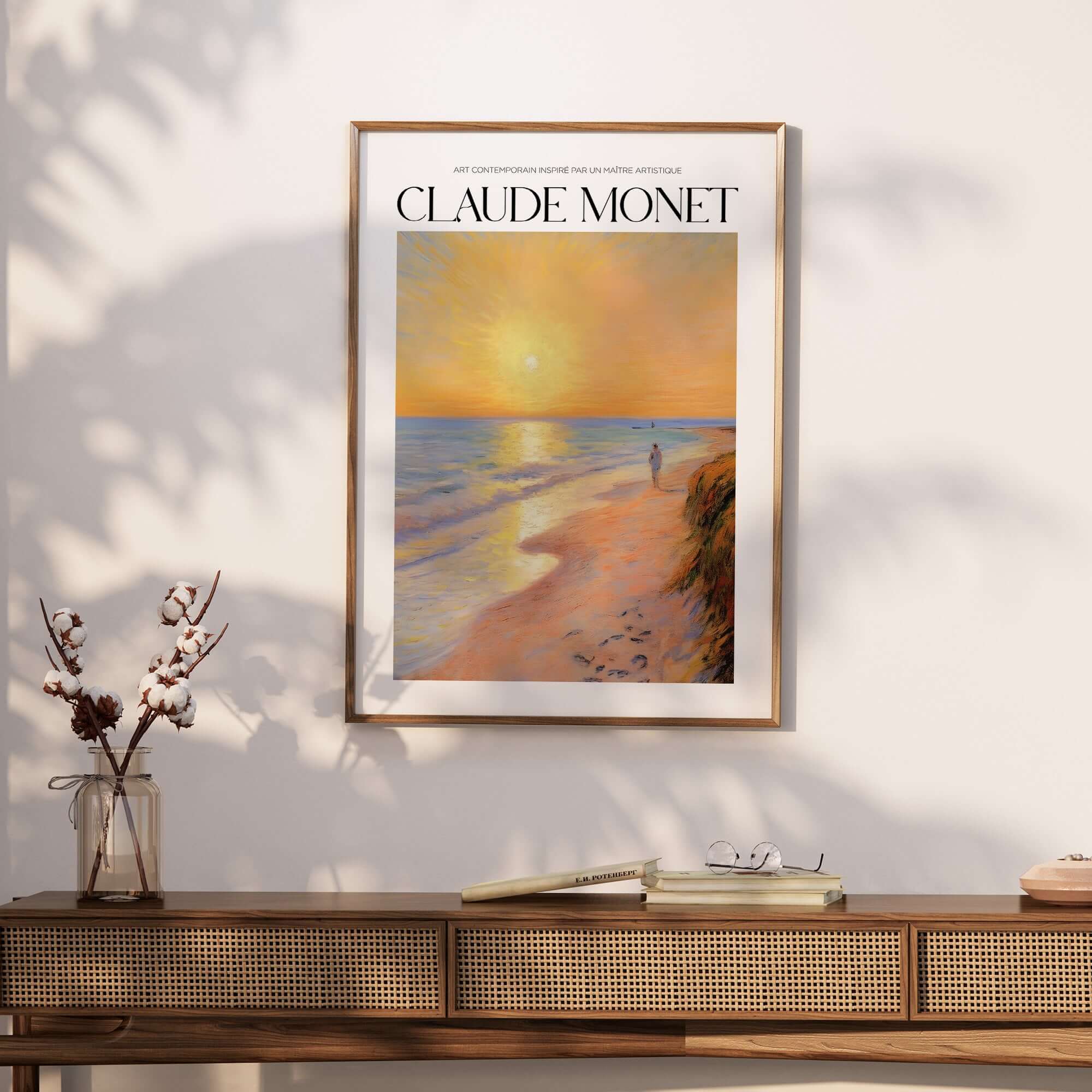 Monet Beach Artwork - Impressionist Room Decor - Coastal Sunset Stroll Beach Wall Art displayed in a modern interior.