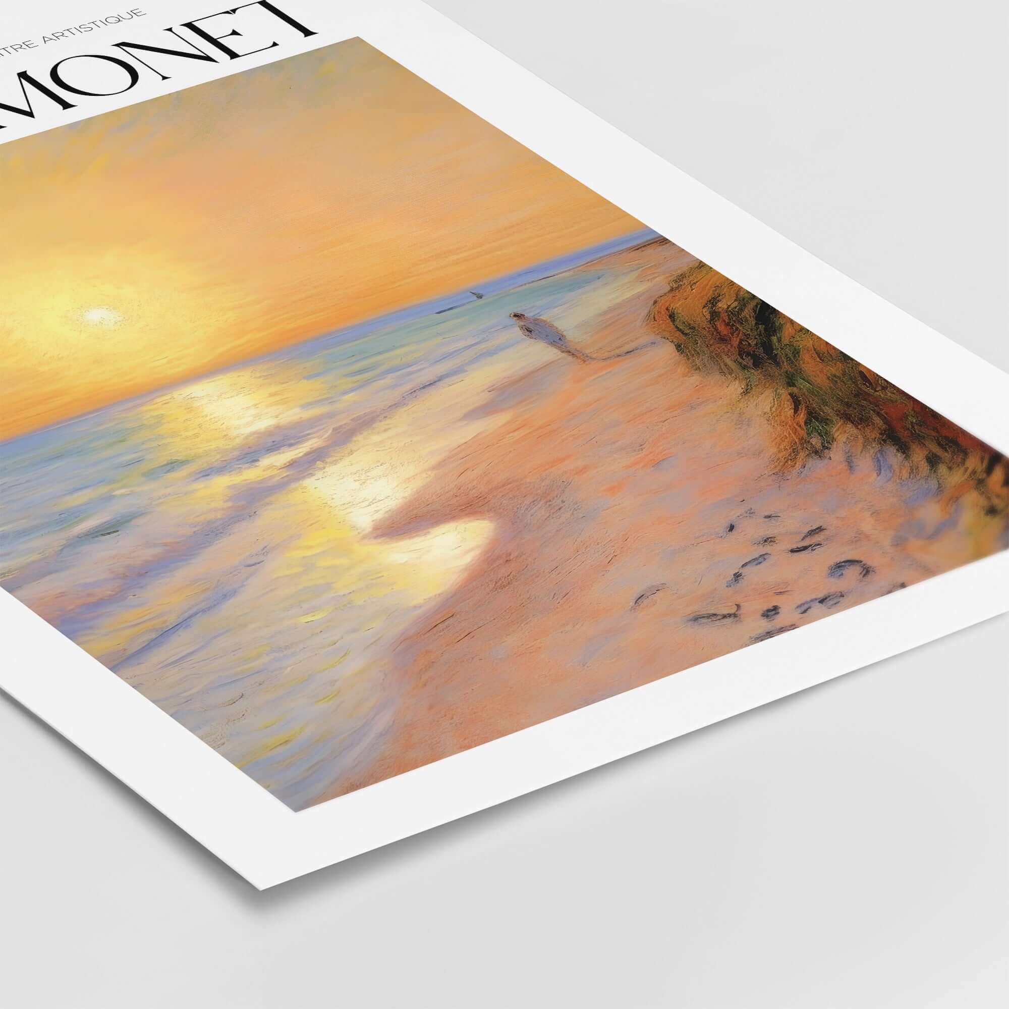Monet Beach Artwork - Impressionist Room Decor - Coastal Sunset Stroll Beach Wall Art featuring a serene sunset and footprints.