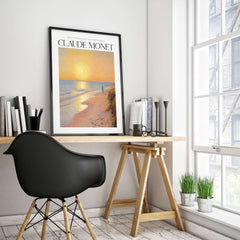 Monet Beach Artwork - Impressionist Room Decor - Coastal Sunset Stroll Beach Wall Art displayed in an elegant interior office setting.